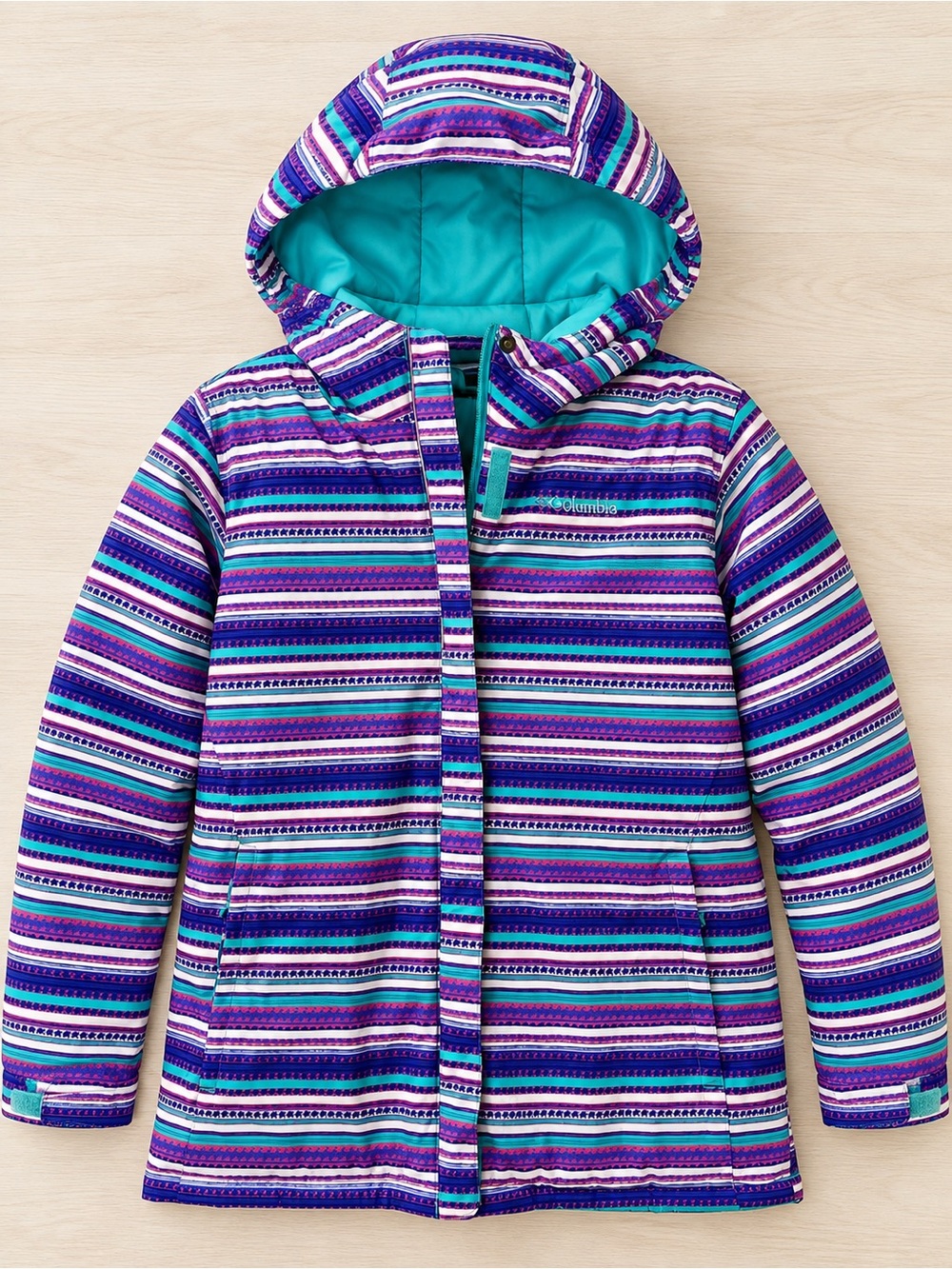 Columbia Girls Horizon Ride Jacket Turquoise, white, purple stripe XL 18-20